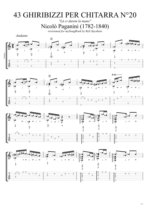 43 Ghiribizzi per chitarra n°20 - Niccolò Paganini tablature