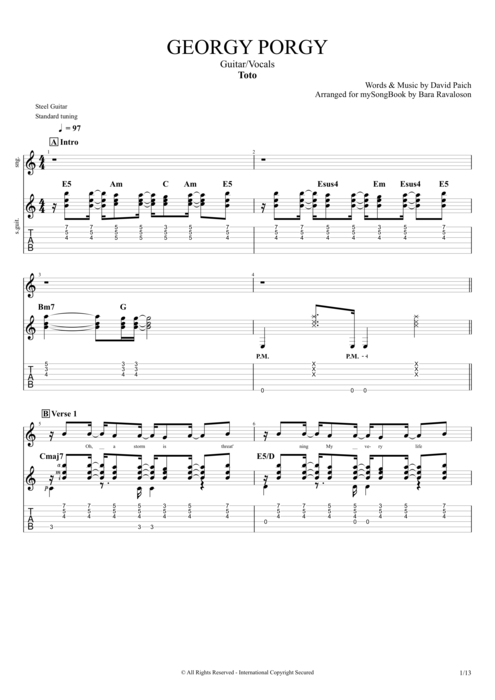 Georgy Porgy - Toto tablature