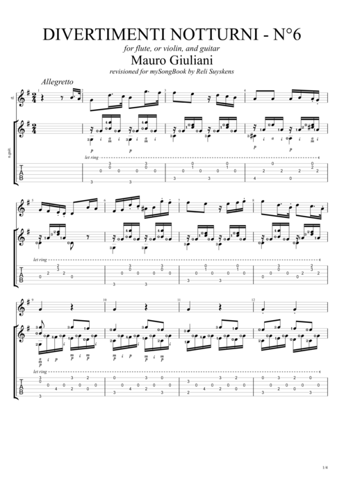 Divertimenti Notturni opus 86 no6 - Mauro Giuliani tablature