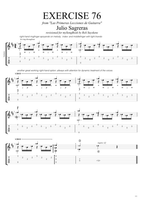 Las primeras lecciones de guitarra exercise 76 - Julio Salvador Sagreras tablature