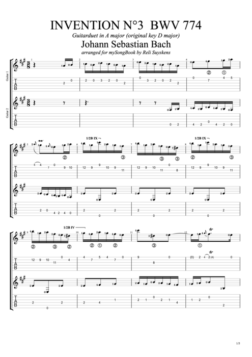 Invention n°3 BWV 774 in A Major - Johann Sebastian Bach tablature