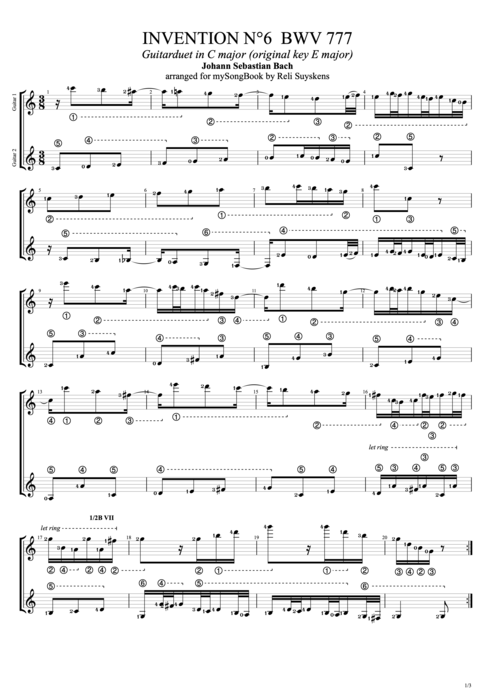Invention N°6 BWV 777 in C Major - Johann Sebastian Bach tablature