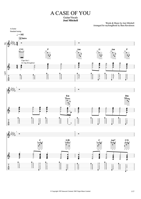 A Case of You - Joni Mitchell tablature