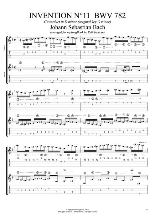 Invention N°11 BWV 782 in D Minor - Johann Sebastian Bach tablature