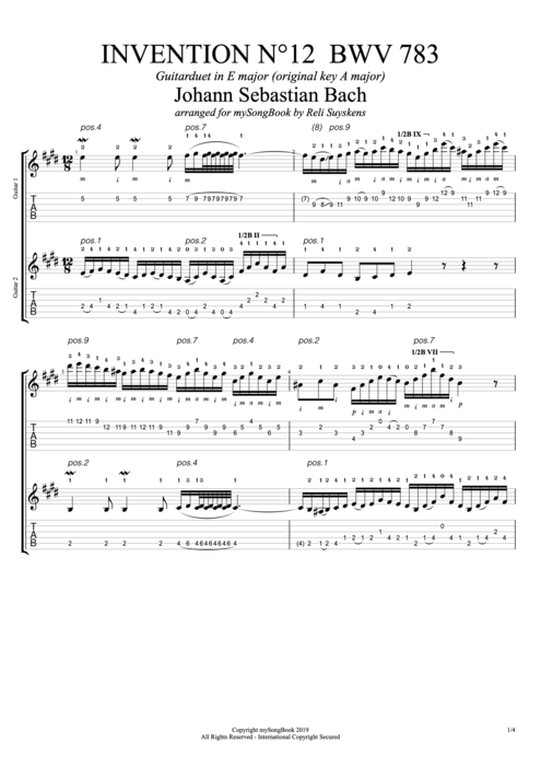 Invention N°12 BWV 783 in E Major - Johann Sebastian Bach tablature