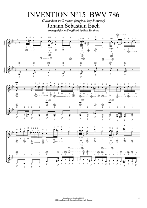 Invention N°15 BWV 786 in G Minor - Johann Sebastian Bach tablature