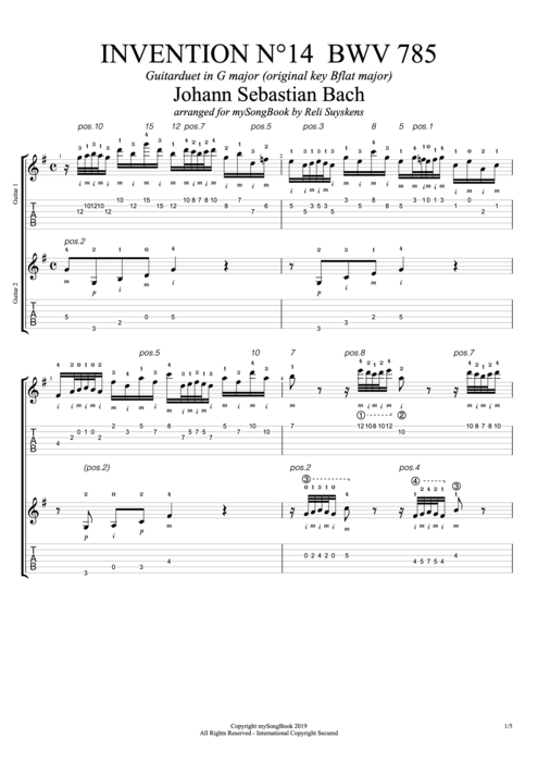 Invention N°14 BWV 785 in G Major - Johann Sebastian Bach tablature