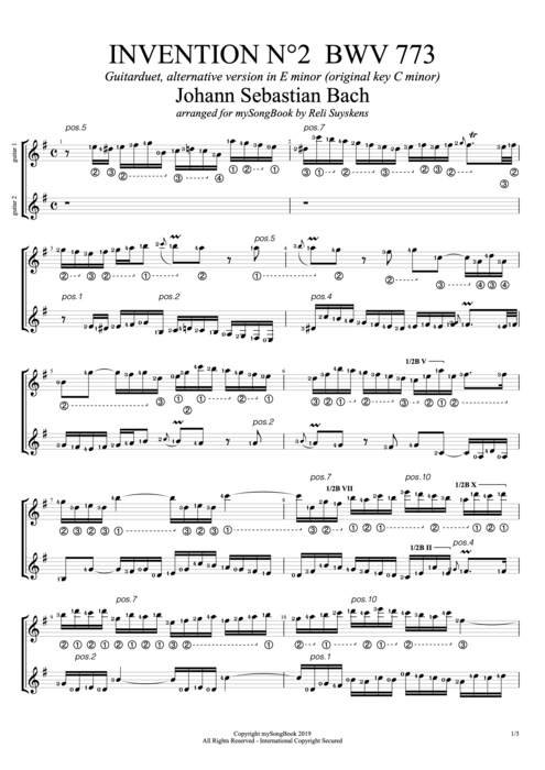 Invention n°2 BWV 773 in E Minor - Johann Sebastian Bach tablature
