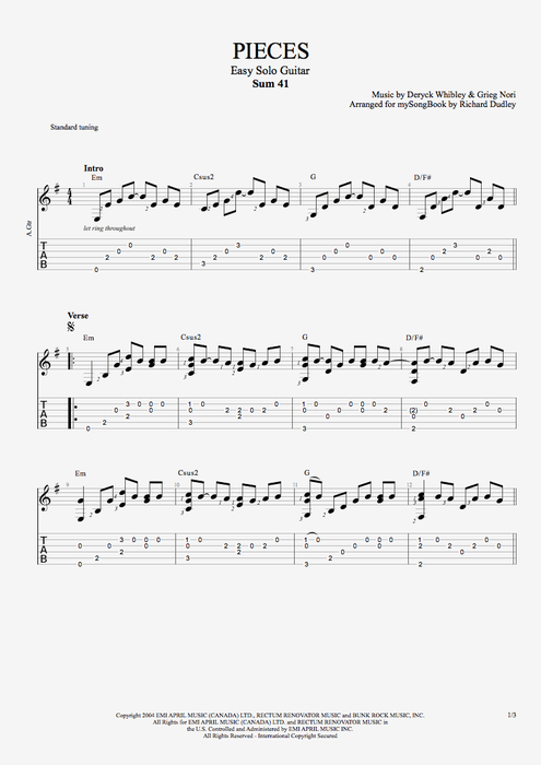 Pieces - Sum 41 tablature