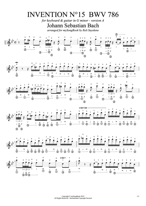 Invention N°15 BWV 785 in G Minor (Version A) - Johann Sebastian Bach tablature