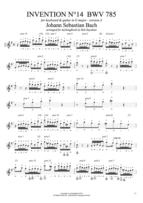 Invention N°14 BWV 785 in G Major (Version A) - Johann Sebastian Bach tablature