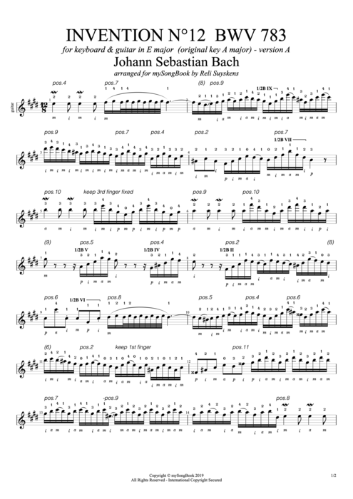 Invention N°12 BWV 783 in E Major (Version A) - Johann Sebastian Bach tablature
