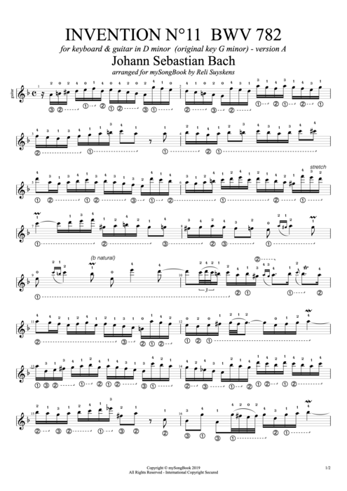 Invention N°11 BWV 782 in D Minor (Version A) - Johann Sebastian Bach tablature
