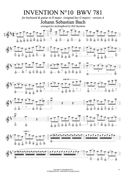 Invention N°10 BWV 781 in D Major (Version A) - Johann Sebastian Bach tablature