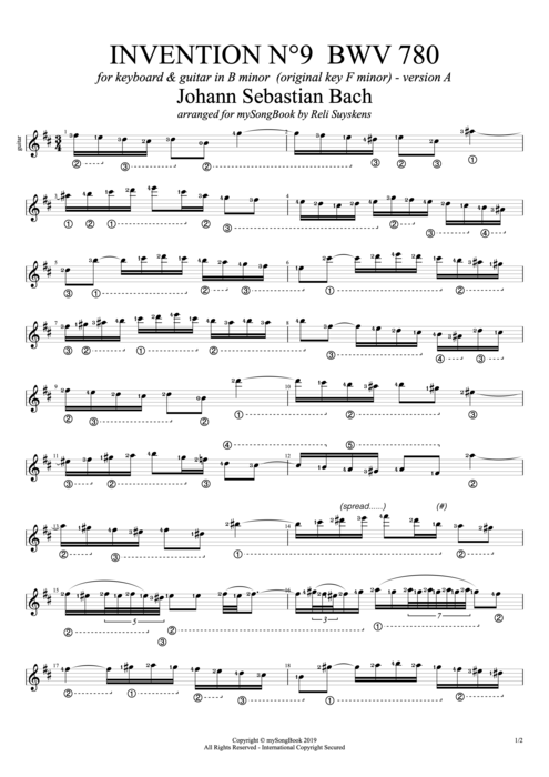 Invention N°9 BWV 780 in B Minor (Version A) - Johann Sebastian Bach tablature