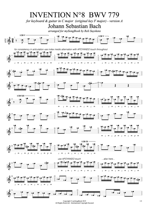 Invention N°8 BWV 779 in C Major (Version A) - Johann Sebastian Bach tablature