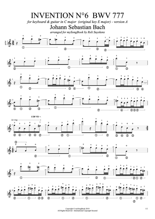 Invention N°6 BWV 777 in C Major (Version A) - Johann Sebastian Bach tablature