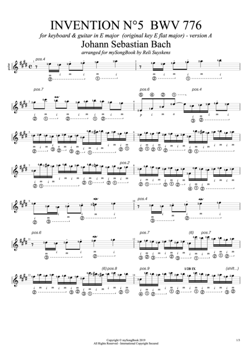 Invention N°5 BWV 776 in E Major (Version A) - Johann Sebastian Bach tablature