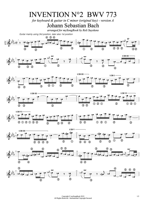 Invention n°2 BWV 773 in C Minor (Version A) - Johann Sebastian Bach tablature
