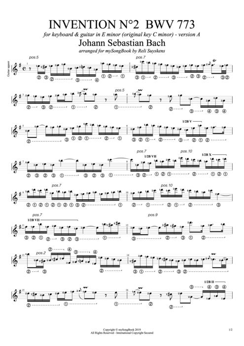 Invention n°2 BWV 773 alternative key in E Minor (Version A) - Johann Sebastian Bach tablature